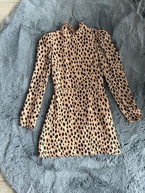 Reformation Long-Sleeve Leopard Print Mini Dress - Tan & Black